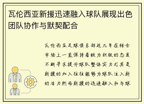 瓦伦西亚新援迅速融入球队展现出色团队协作与默契配合