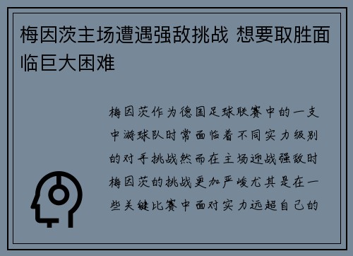 梅因茨主场遭遇强敌挑战 想要取胜面临巨大困难