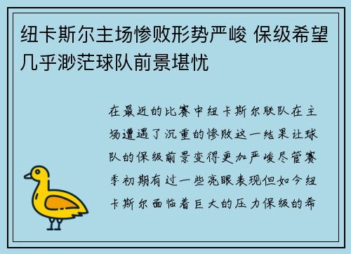 纽卡斯尔主场惨败形势严峻 保级希望几乎渺茫球队前景堪忧
