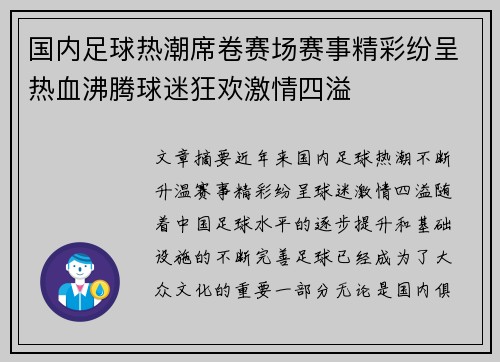 国内足球热潮席卷赛场赛事精彩纷呈热血沸腾球迷狂欢激情四溢
