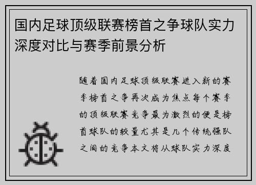 国内足球顶级联赛榜首之争球队实力深度对比与赛季前景分析