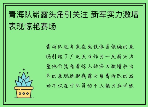 青海队崭露头角引关注 新军实力激增表现惊艳赛场