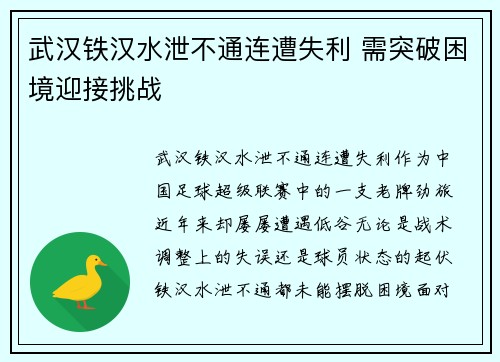 武汉铁汉水泄不通连遭失利 需突破困境迎接挑战